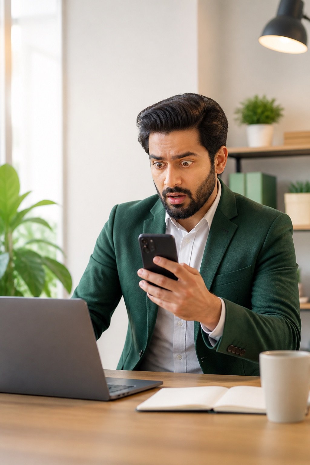 Surprised businessman checking customer messages on phone